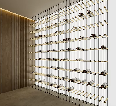 Modern Wine Rack With Multiple Layers And Neatly Arranged Glass Wine Bottles On Wooden Wall 3d model