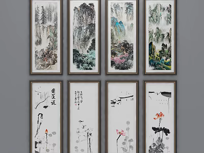 Traditional Chinese Landscape And Floral Bird Paintings Framed Wall Art With Mountain Water Elements 3d model