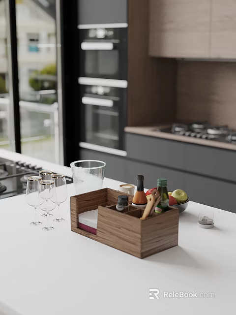 Modern Open Concept Kitchen Interior With Wine Glasses Wooden Box And Fresh Fruit 3d model 