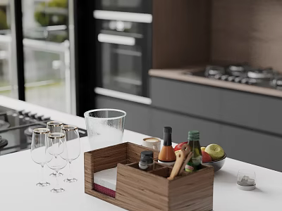 Modern Open Concept Kitchen Interior With Wine Glasses Wooden Box And Fresh Fruit 3d model