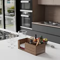 Modern Open Concept Kitchen Interior With Wine Glasses Wooden Box And Fresh Fruit