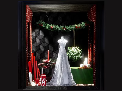 Festive Shop Window Display With Wedding Dress Christmas Wreath Green Plant Red Candles And Gifts 3d model