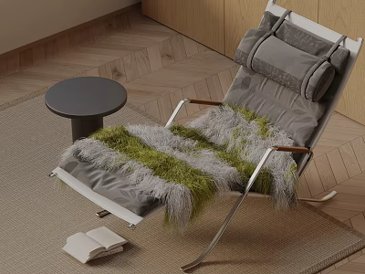 Gray Leisure Chair With Green And Gray Fur Blanket On Rug By Small Round Table 3d model