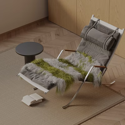 Gray Leisure Chair With Green And Gray Fur Blanket On Rug By Small Round Table 3d model