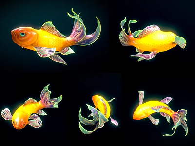 Vibrant Yellow Goldfish With Colorful Fins And Tails On Black Background 3d model