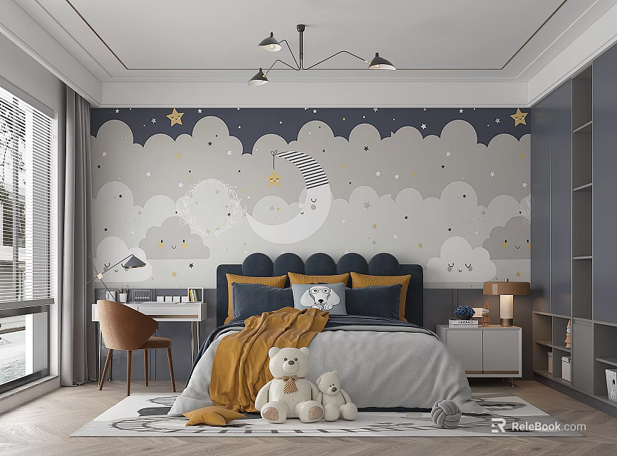Modern Kids Room With Star Cloud Wallpaper Bed Yellow Blanket Teddy Bears Desk And Bookshelf 3d model 