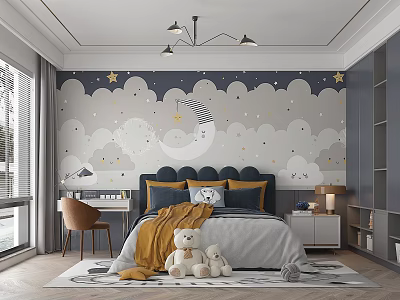 Modern Kids Room With Star Cloud Wallpaper Bed Yellow Blanket Teddy Bears Desk And Bookshelf 3d model