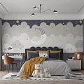Modern Kids Room With Star Cloud Wallpaper Bed Yellow Blanket Teddy Bears Desk And Bookshelf