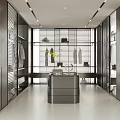 Modern Walk-in Closet Interior Design With Central Island Storage Cabinets And Hanging Rods
