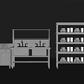 Modern Stainless Steel Kitchenware With Workbench Sink And Shelves Holding Bowls