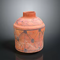 Hand Carved Clay Pottery Jar Sculpture With Red Black Colors And Geometric Patterns