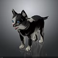 Black And White Cat Plush Toy With Blue Eyes Open Mouth Standing On Dark Background