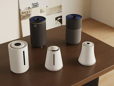 Small Home Appliances In White And Dark Colors With Various Designs On Wooden Table 3d model