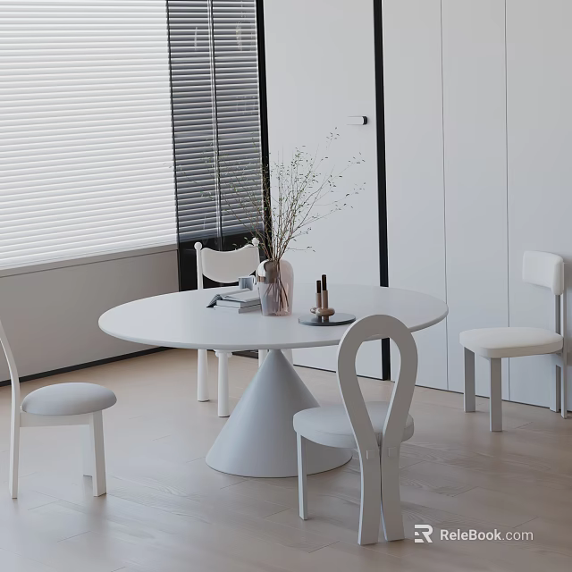Minimalist White Round Dining Table Set With Chairs And Interior Blinds 3d model 