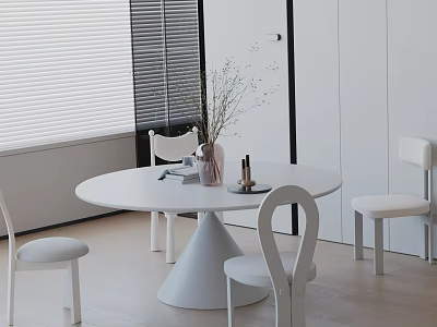 Minimalist White Round Dining Table Set With Chairs And Interior Blinds 3d model
