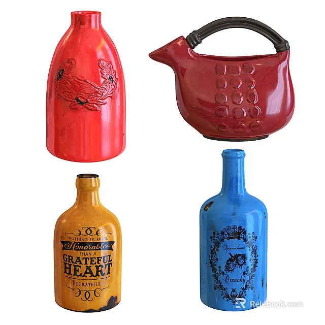 Vibrant Ceramic Vessels Featuring Red Crab Design Yellow Text Blue Patterns and Handled Pot 3d model