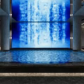 Elegant SPA Sauna Interior With Blue Water Curtain Wall Indoor Pool And Marble Steps