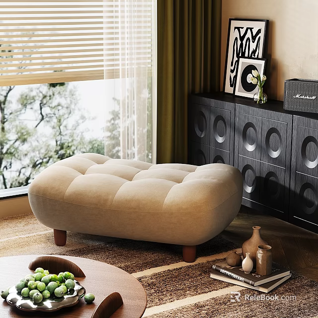 Beige Upholstered Stool with Square Cushion Wooden Legs by Window Green Curtains and Black Cabinet 3d model 