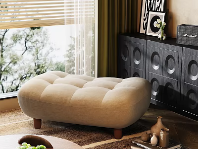 Beige Upholstered Stool with Square Cushion Wooden Legs by Window Green Curtains and Black Cabinet 3d model