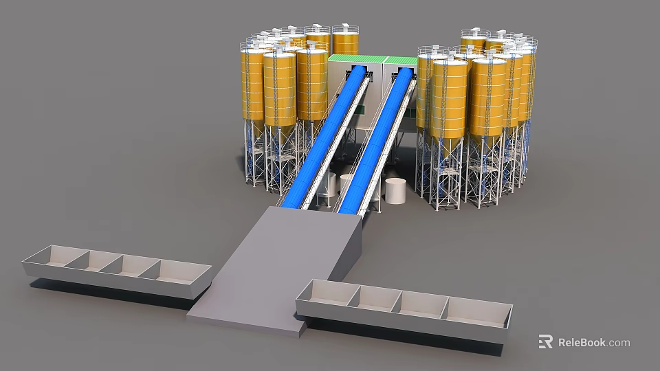 Industrial Equipment With Yellow Storage Tanks Blue Conveyor Belts And Platform Structures 3d model 
