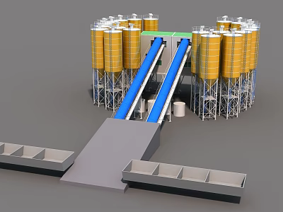 Industrial Equipment With Yellow Storage Tanks Blue Conveyor Belts And Platform Structures 3d model