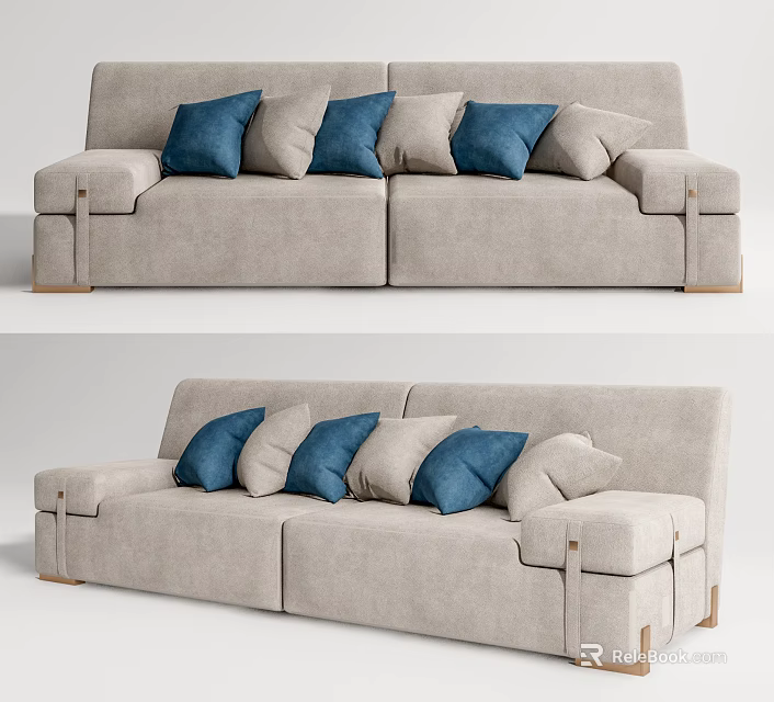 Modern Light Gray Two Seater Sofa With Blue And Light Gray Decorative Cushions 3d model 