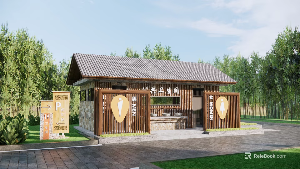 Public Restroom in Natural Park Area with Wooden Structure Tile Roof and Clean Washing Basin 3d model 