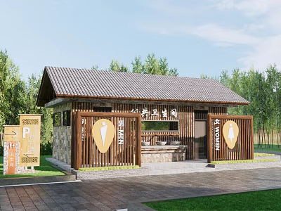 Public Restroom in Natural Park Area with Wooden Structure Tile Roof and Clean Washing Basin 3d model