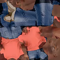 Man Standing In Orange Polo Shirt Blue Jeans Tan Shoes Against Light Gray Background