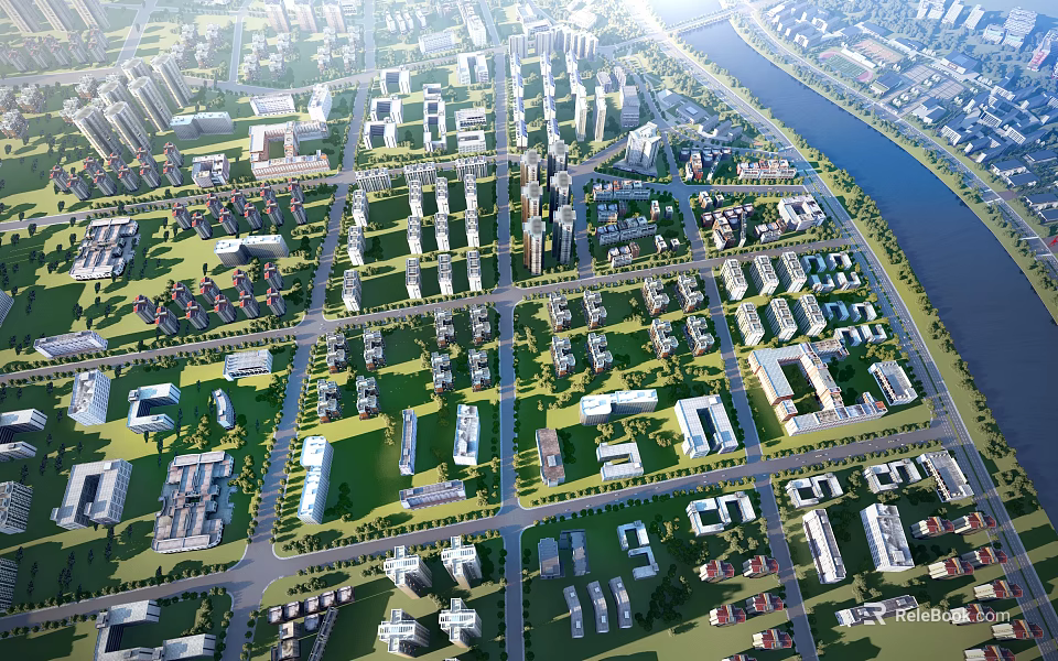 Aerial View Urban Planning with Residential Areas Green Spaces and River 3d model 