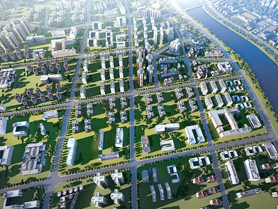 Aerial View Urban Planning with Residential Areas Green Spaces and River 3d model