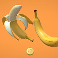 Fresh Banana Fruits on Orange Background with Whole Peeled and Sliced Pieces