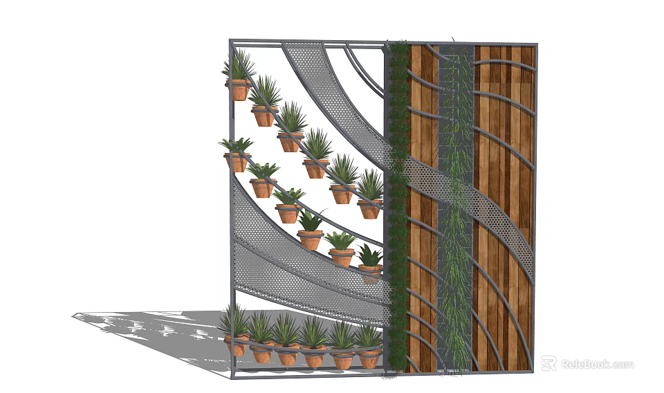 Modern Decorative Room Divider With Metal Mesh Wooden Panels And Potted Plants 3d model 