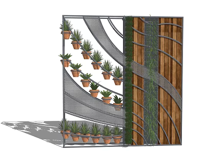 Modern Decorative Room Divider With Metal Mesh Wooden Panels And Potted Plants 3d model
