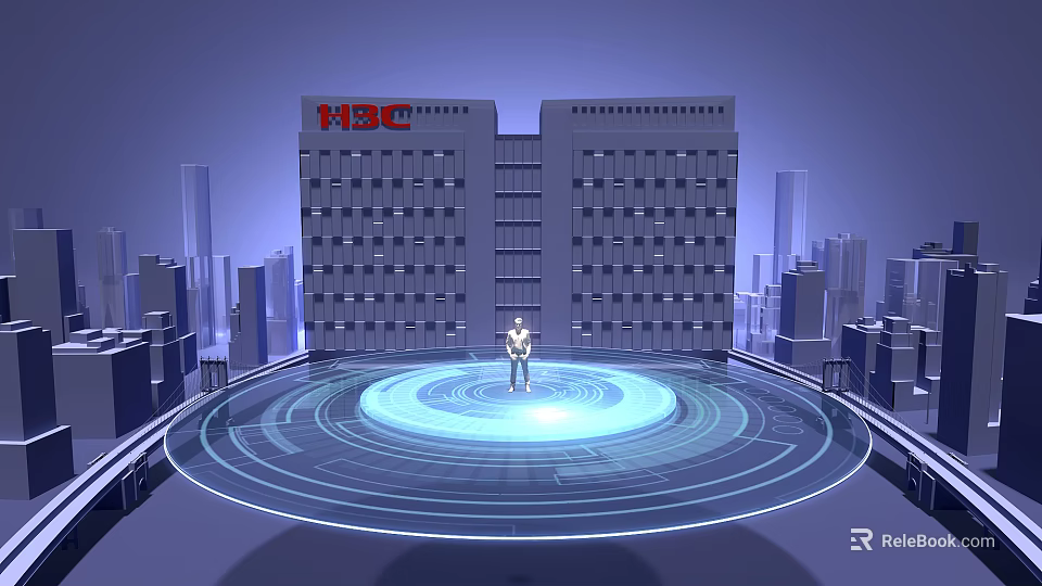 HSBC Office Building With Modern Architecture In Urban Cityscape And Glowing Circular Platform 3d model 