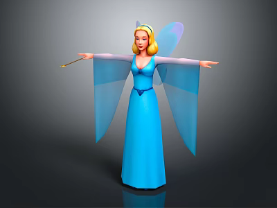 Woman In Blue Dress With Blue Wings Blonde Hair And Magic Wand 3d model