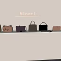 Minot Li Fashionable Bags Displayed On Wall Shelf With Various Colors And Styles