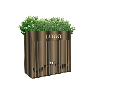 Decorative Metal Flower Planter with Vertical Stripes and Green Plants Displaying LOGO 3d model