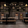 Industrial Style Restaurant Interior With Brick Walls Hanging Lights And Wooden Tables