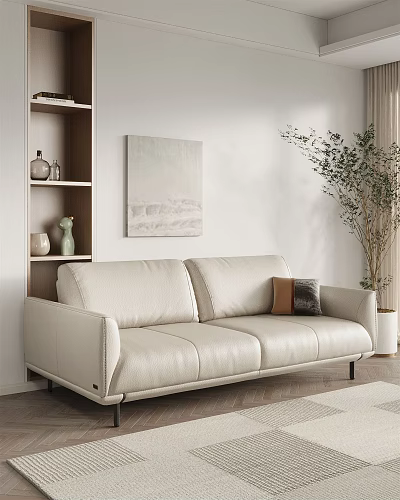 Cream Colored Leather Two Seater Sofa With Pillows Shelf Vases And Living Room Plant 3d model