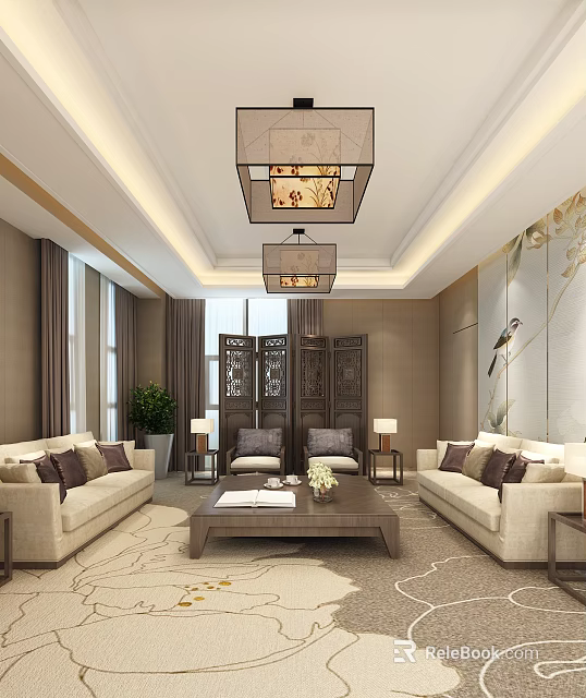 Modern Conference Room Interior With Beige Sofas Coffee Table And Chandeliers 3d model