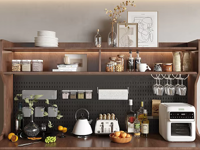 Modern Kitchen Decorative Ornaments Set With Shelf Glassware Bottles Dishes And Plants 3d model