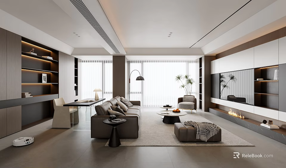 Modern Living Room Interior Design With Sofa Coffee Table TV Wall Floor-to-Ceiling Windows And Bookshelves 3d model 