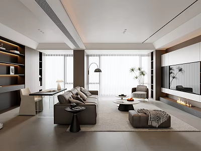 Modern Living Room Interior Design With Sofa Coffee Table TV Wall Floor-to-Ceiling Windows And Bookshelves 3d model