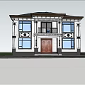 White Two Story Detached Villa With Balcony Brown Door Green Trees And Lawn