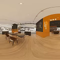 Modern Shopping Mall Silver Jewelry Store With Orange Black Walls Wooden Tables And Hanging Lights