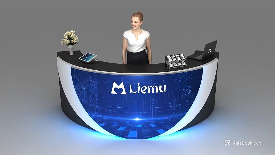 Modern Blue Reception Desk With Liemu Logo Tablet Keyboard Laptop And Vase 3d model 
