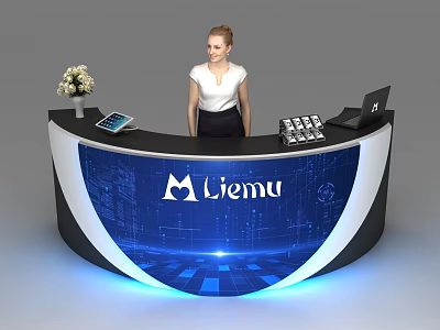 Modern Blue Reception Desk With Liemu Logo Tablet Keyboard Laptop And Vase 3d model