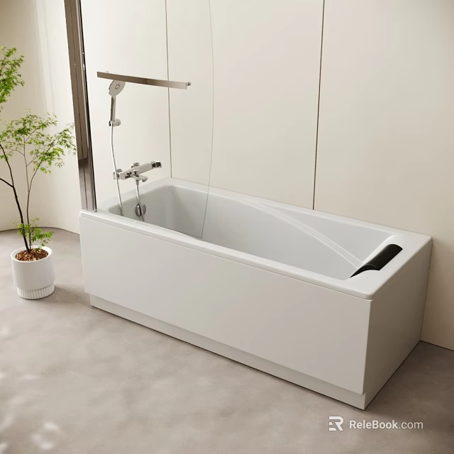 White Modern Bathtub with Shower Fixture in Minimalist Bathroom and Potted Plant 3d model 