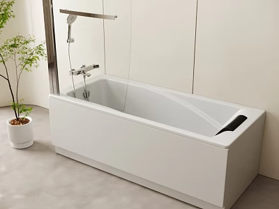 White Modern Bathtub with Shower Fixture in Minimalist Bathroom and Potted Plant 3d model